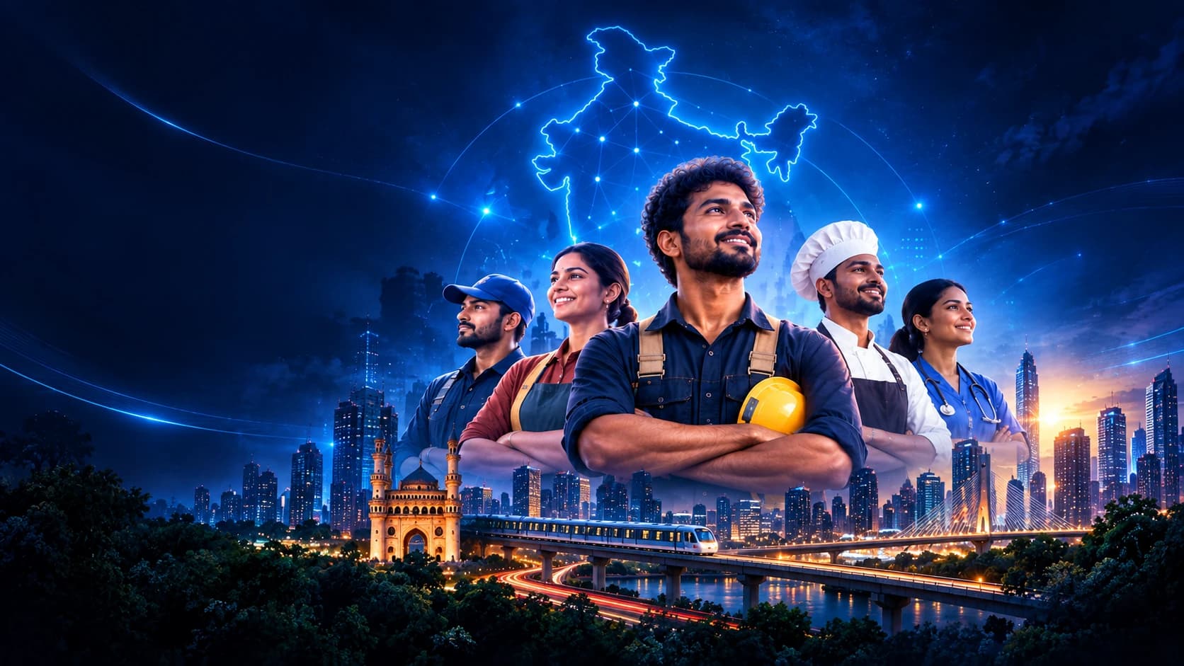 Skilled professionals across India — electrician, tailor, construction worker, chef and healthcare worker — under a glowing map of India