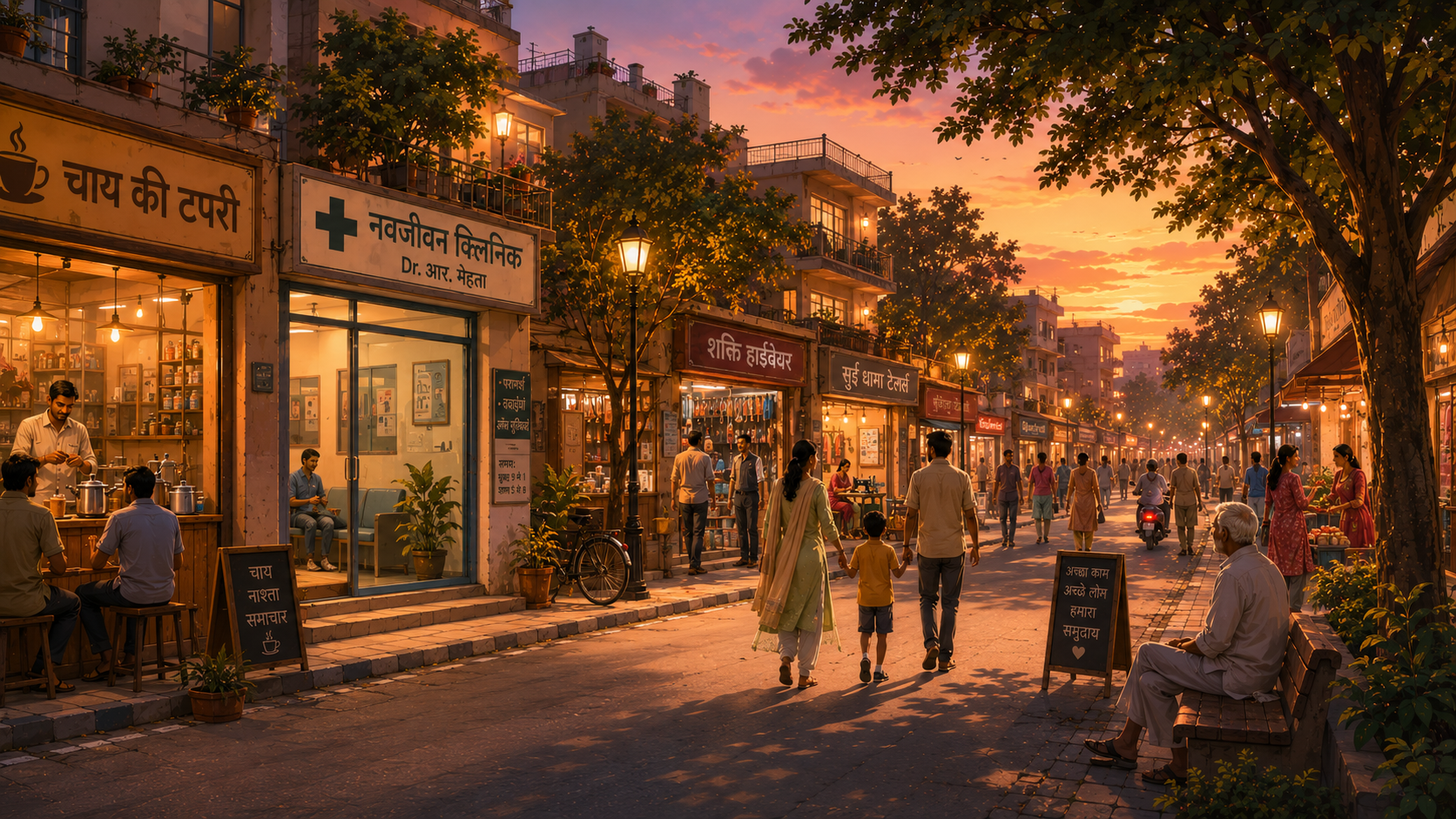 The same street, as evening settles in