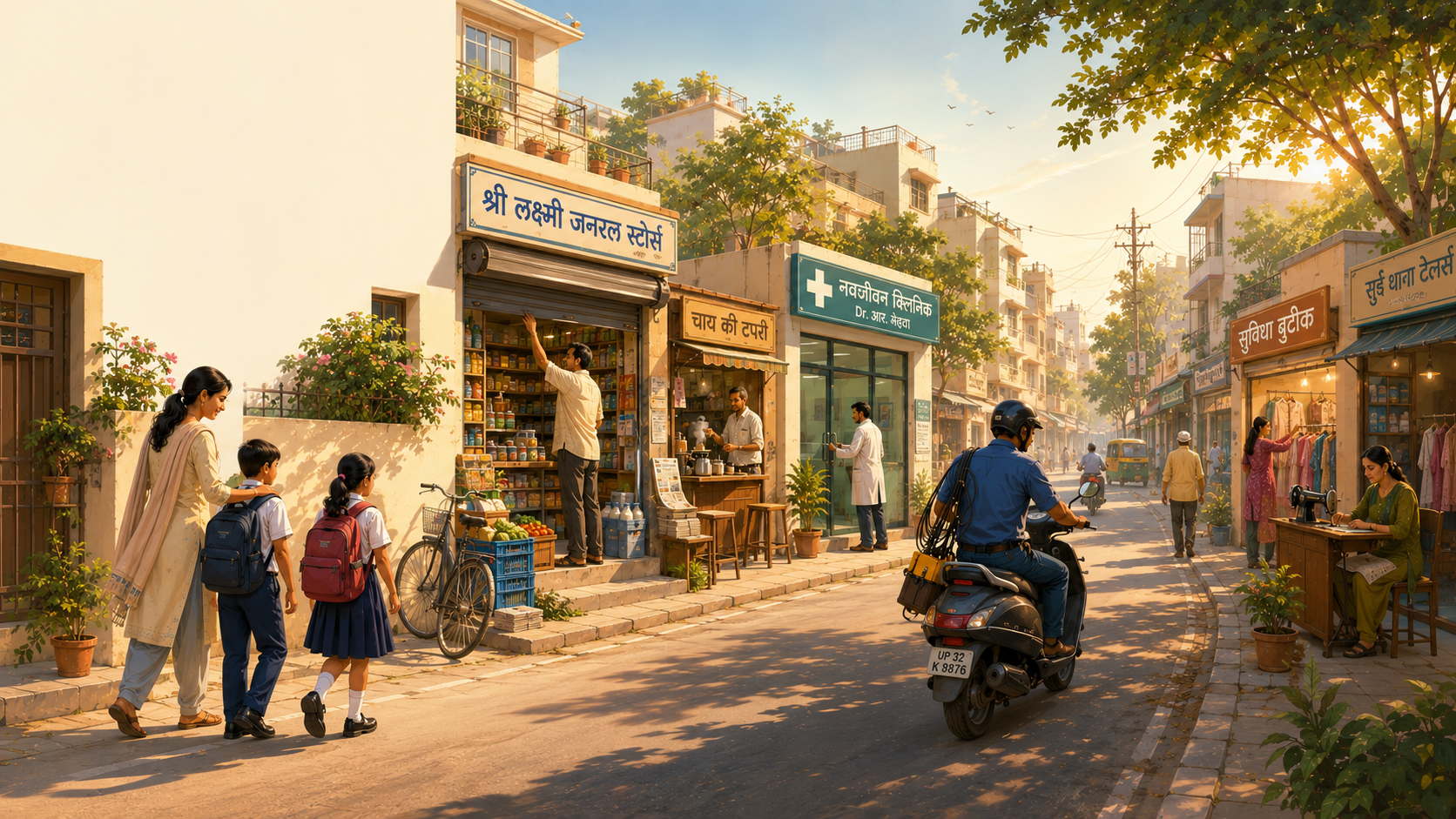 A neighbourhood street beginning its day